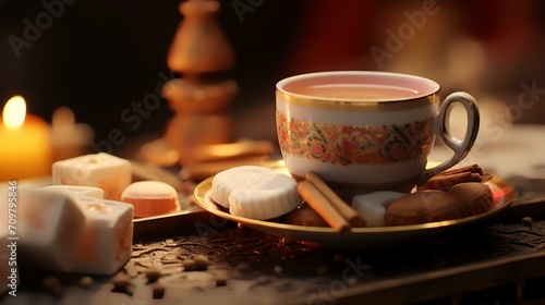 Cup of hot tea with marshmallows and candies on wooden table