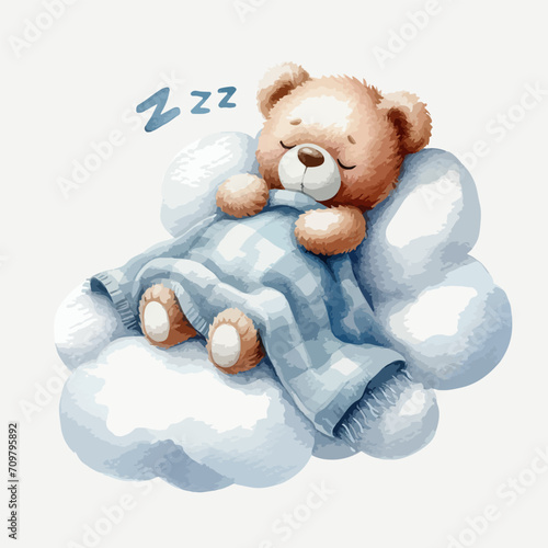 Cute baby teddy bear sleeping on the cloud.