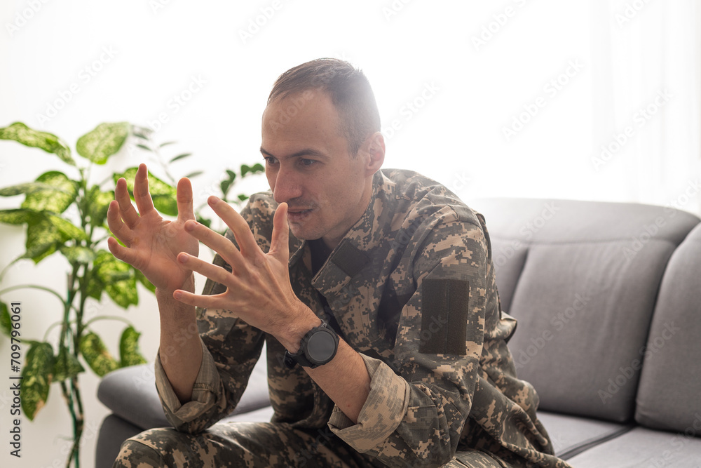 Portrait of old angry defender. soldier in camouflage posing in studio. Choice Concept.