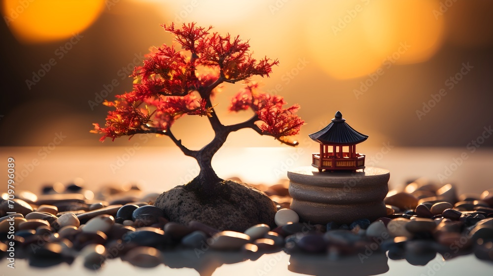 Small Bonsai Tree on Rock Pile at sunset, Tranquil Meditation and Natural Healing 