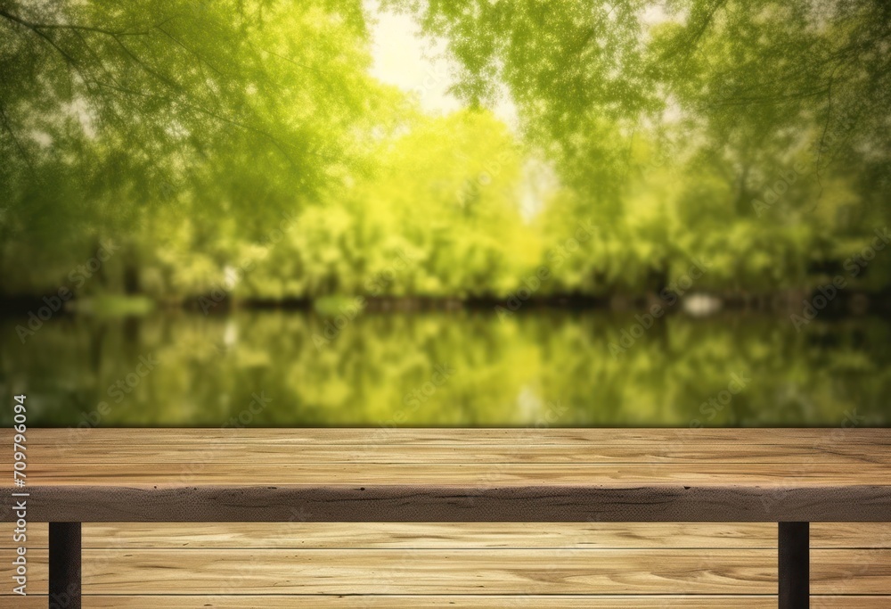 Wooden table top with natural green background of blurred lake Wooden table top with natural green background of blurred lake