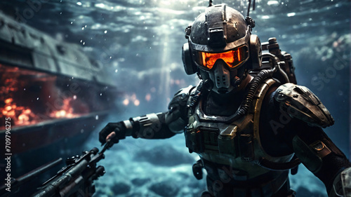 cyborg soldier fighting in underwater in ocean zone using weapon underwater conquer the seas with battleships, warships, and frigates in an epic battle of the oceans photo