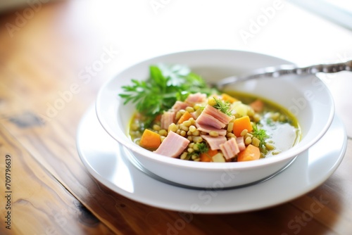 hearty lentil soup with chunks of ham and carrots