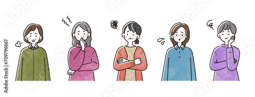 悩んでいる高齢女性のイラストセット