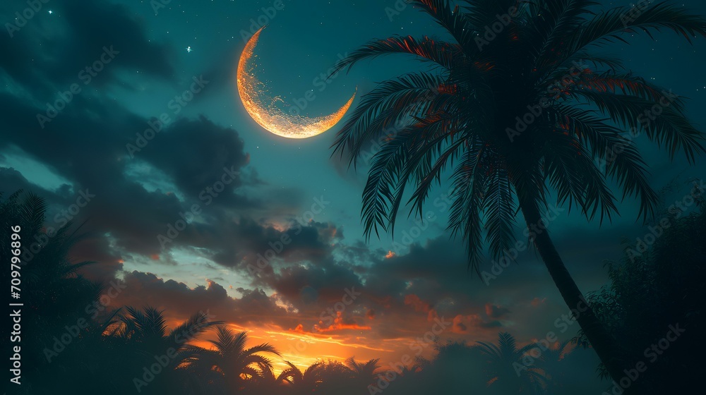moon and palm trees on the beach at night 3d render illustration