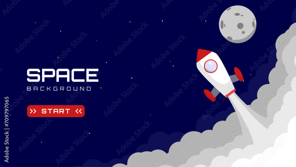 Fototapeta premium Space ship Rocket launch in the sky flying over clouds. vector illustration