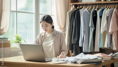 Small business entrepreneur home office. Happy young Asian female online seller using laptop checking customer order online.