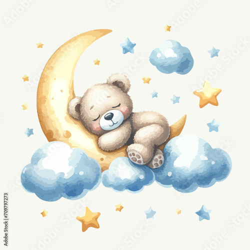 Cute baby teddy bear sleeping on the cloud around moon and stars.