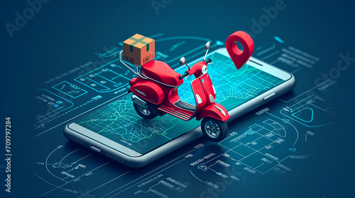 Ecommerce, Standard or Extended Fast delivery package by scooter on mobile phone. Order package in E-commerce by app. Tracking courier by map application. Three dimensional concept. photo
