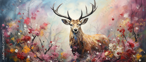 Artistic impasto style painting of a deer with antlers. Colorful animal wall print. 