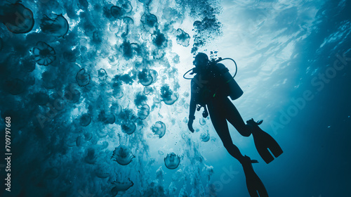Scuba diver surrounded by a swarm of jellyfish in a blue ocean.