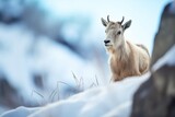 goat with thick winter coat on snowy cliff face