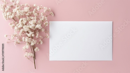 Elegant Wedding Invitation Card with Pink Envelopes and Gypsophila Branches, Flat Lay Design for Romantic Celebrations, Copy Space Available.