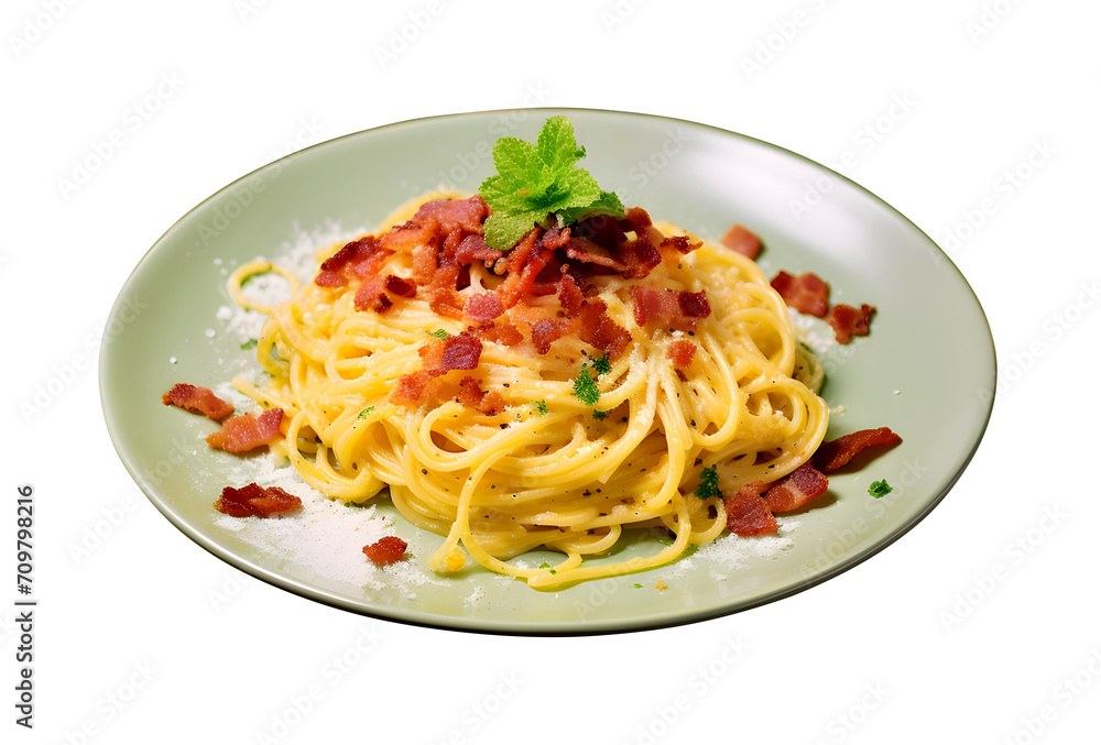 spaghetti pasta with carbonara sauce made of bacon, parmesan, PNG file, isolated background.