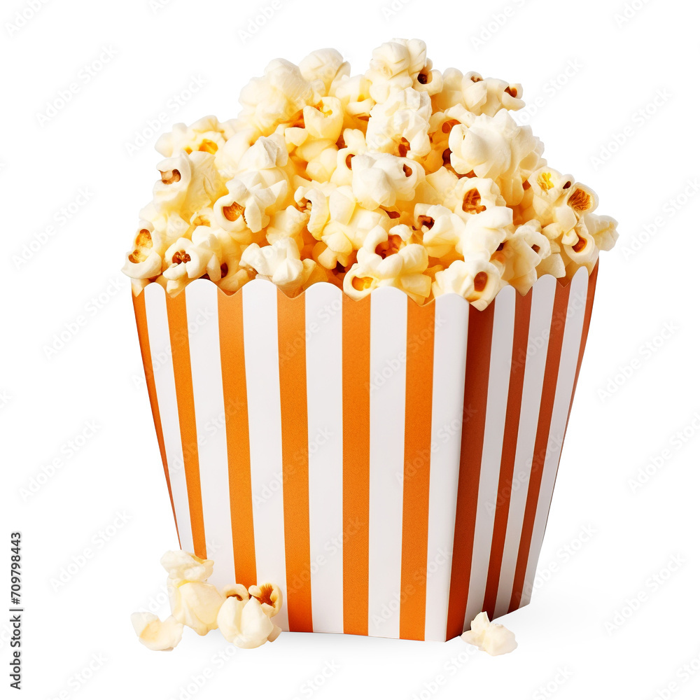 Delicious popcorn in a red striped paper cup isolated on a transparent background.