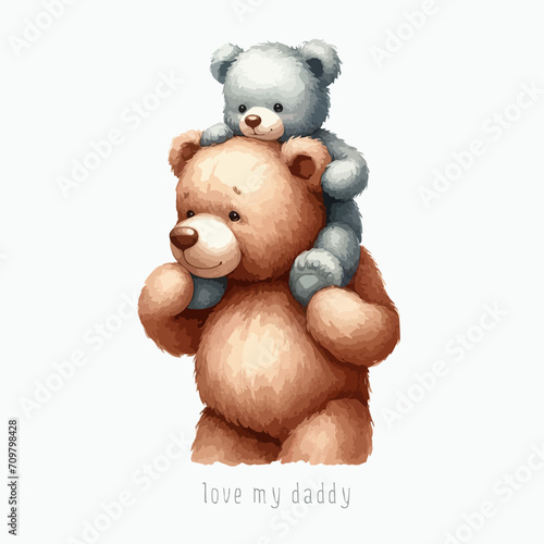 Cute childhood with father, happy dad bear with kid teddy on father shoulder, fathers day watercolor animal cartoon.