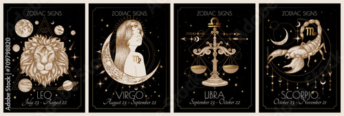 Vector set of the 4 second zodiac signs. Gold on a black background. Leo, Virgo, Libra, Scorpio