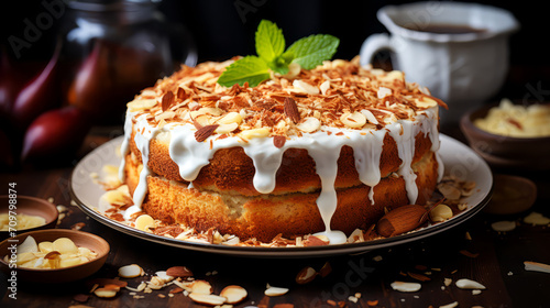 Cake with almonds and cup of coffee on a dark background.