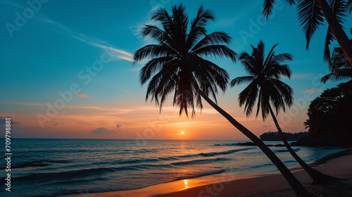 Sunset at the beach with silhouettes of palm trees and a calm ocean.