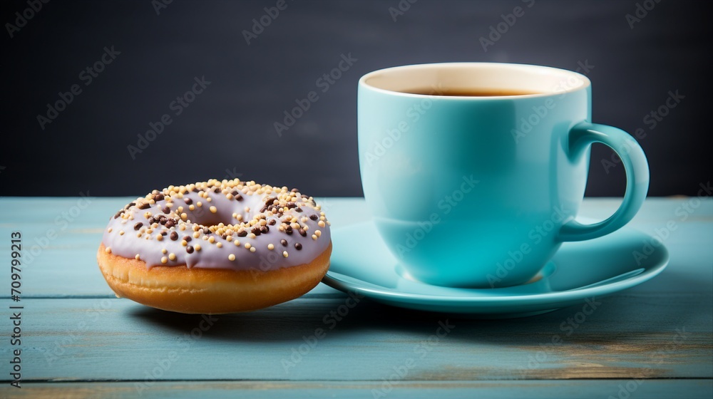 Inviting Scene with a Blue Donut and Coffee on a Wooden Background, Offering Copy Space for Promotional Text and Messages