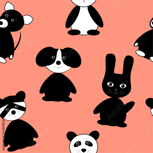 seamless pattern with funny cute animals (cat, hare, dog, mouse on panda) in black and white color on light coral background. vector graphics