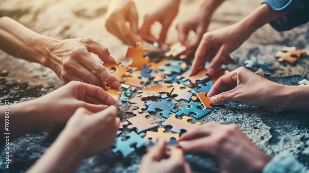 businesspeople assembling the jigsaw puzzle, teamwork, business.
businesspeople assembling the jigsaw puzzle, teamwork, business.