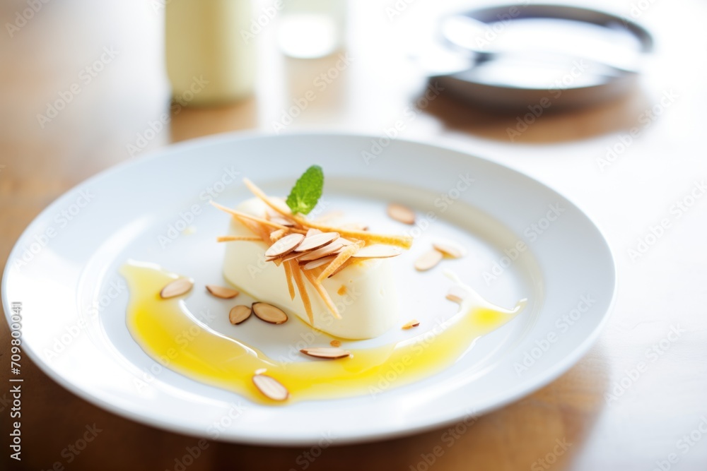 vanilla panna cotta, honey drizzle, almond slivers vanilla panna cotta, honey drizzle, almond slivers