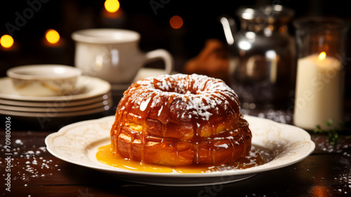 Caramel bundt cake on a wooden table with candles in the background.