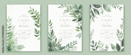 Wedding card template with elegant greenery botanical leaf and branch.