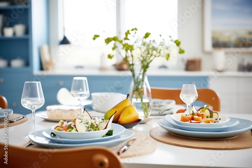 bright kitchen setting with pear and blue cheese salad