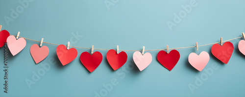 A handmade garland of red paper hearts on a blue background. Valentine's Day, birthday, wedding, anniversary, party concept banner with copy space. Children's paper crafts with parents. photo