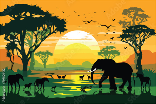 Elephant and Landscape Background, African Elephant silhouettes, Elephant in the sunset, Sunset African landscape background