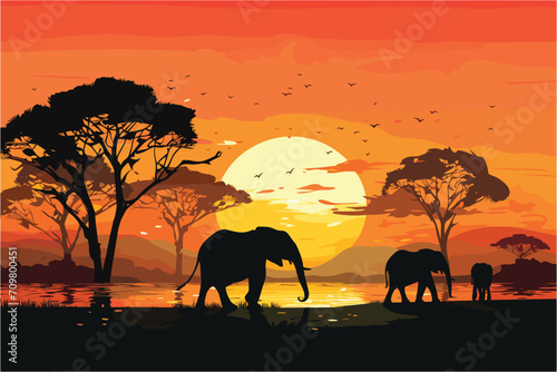 Elephant and Landscape Background  African Elephant silhouettes  Elephant in the sunset  Sunset African landscape background
