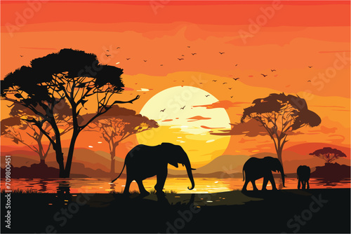 Elephant and Landscape Background, African Elephant silhouettes, Elephant in the sunset, Sunset African landscape background
