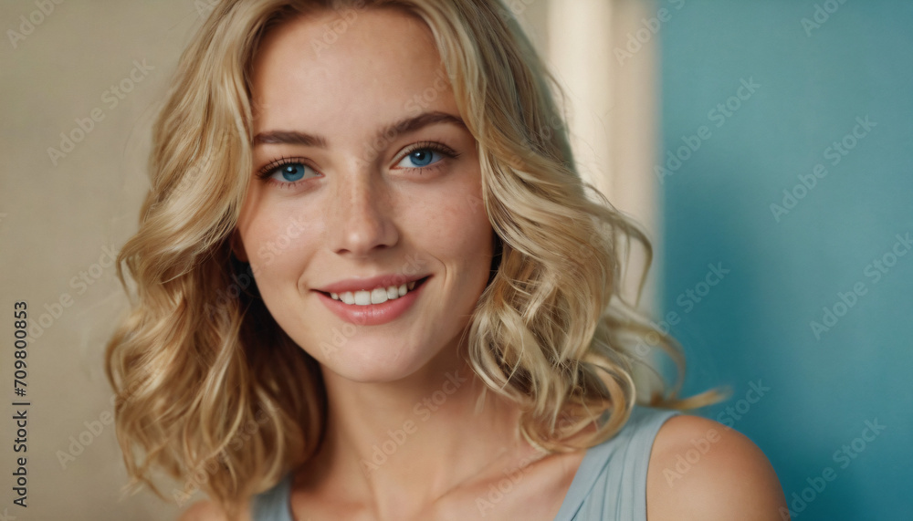Young Blonde Woman Smiling at Camera - Wavy Hair, Subtle Freckles, Elegant Makeup, Soft Light, Headshot Portrait Young Blonde Woman Smiling at Camera - Wavy Hair, Subtle Freckles, Elegant Makeup, Soft Light, Headshot Portrait