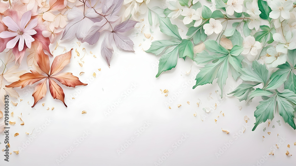 Watercolor floral wallpaper, Copy space for botanical events, Botanical backdrop design, Colorful leaves illustration, Nature-inspired concept, Floral and leaves visuals, Beautiful moments elements - obrazy, fototapety, plakaty 