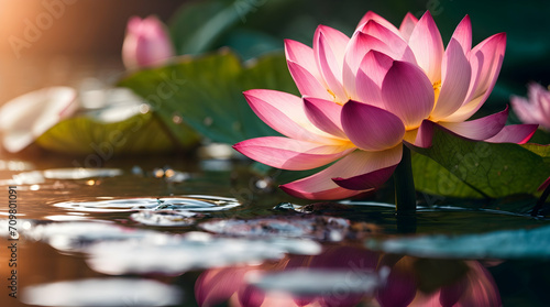Pink water lily and lotus flowers bloom beautifully in a serene pond, showcasing nature's vibrant hues of pink and purple amidst lush greenery