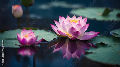 Pink water lily and lotus flowers bloom beautifully in a serene pond  showcasing nature s vibrant hues of pink and purple amidst lush greenery