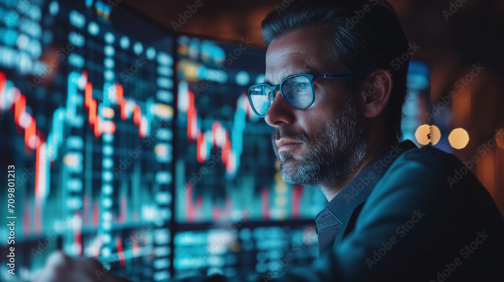 Explore the stock market trends with analytical visuals of businessman planning long term investments and future business growth, Navigate towards success with smart strategies. - obrazy, fototapety, plakaty 