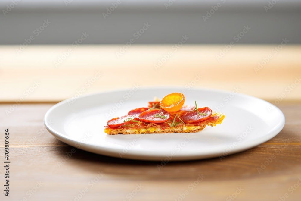 pepperoni pizza slice on white plate, wooden table background pepperoni pizza slice on white plate, wooden table background