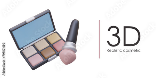 Blush and powder in nude colors. Makeup palette, wide brush for applying dry cosmetics. Isolated realistic vector composition. Professional products for makeup artists