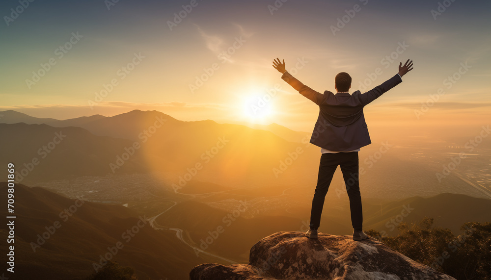 Fototapeta premium Businessman on top of the mountain, on the peak of high rocks, feel free and success.
