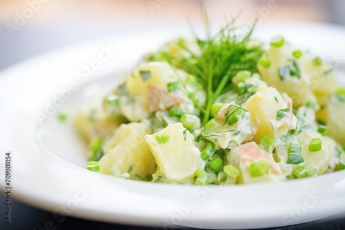close-up of creamy potato salad with chopped celery and onion