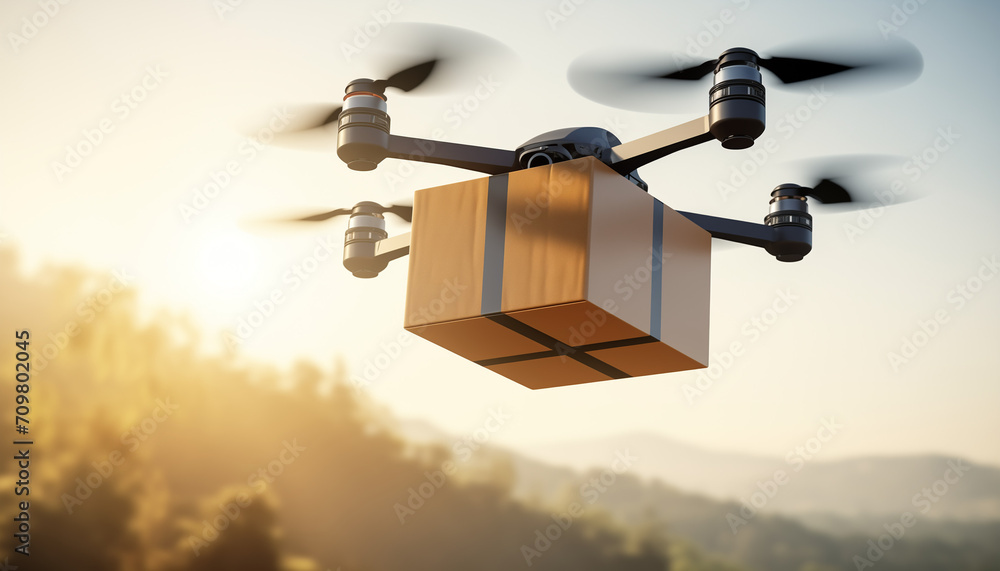 Drone carrying a package flying over the cityscape. Drone delivery service. Logistic concept. Drone carrying a package flying over the cityscape. Drone delivery service. Logistic concept.