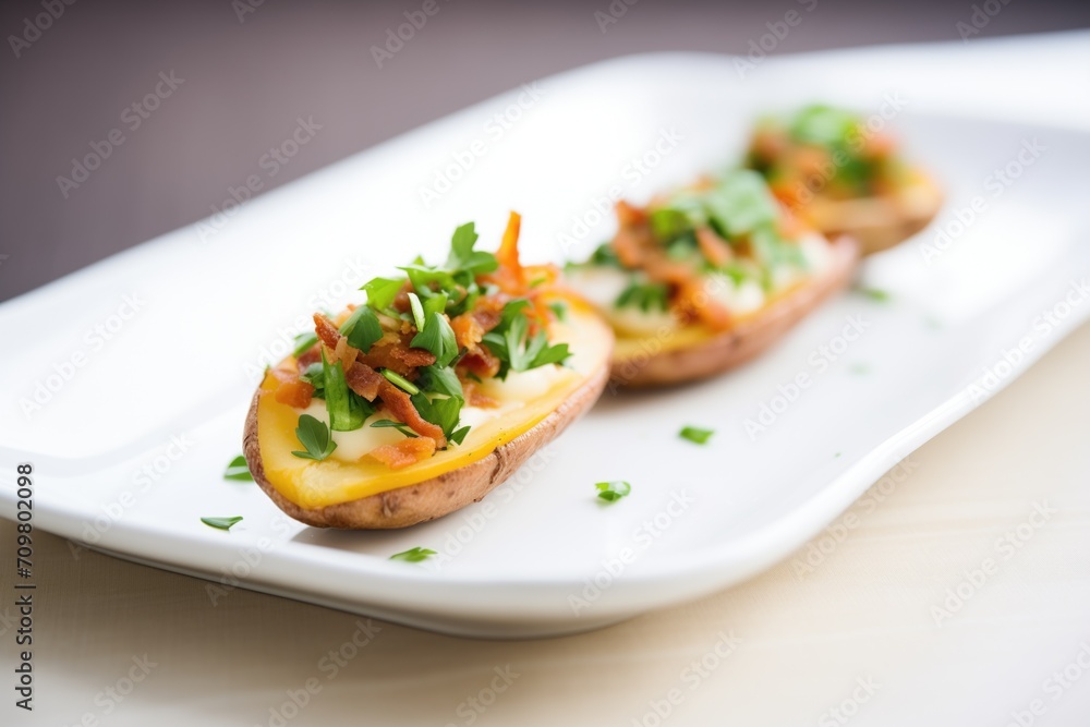 empty potato skins on a white plate with a parsley garnish