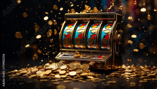 A slot machine spits out gold coins as a win