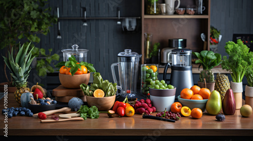 Kitchen setup featuring various fruits vegetables