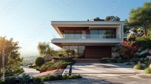 Modern house on hill  in forest with pond  water pool  garage  cozy wood terrace  in the style of white walls and glass  sunny afternoon  Bird s eye  full  view  agave espadin 