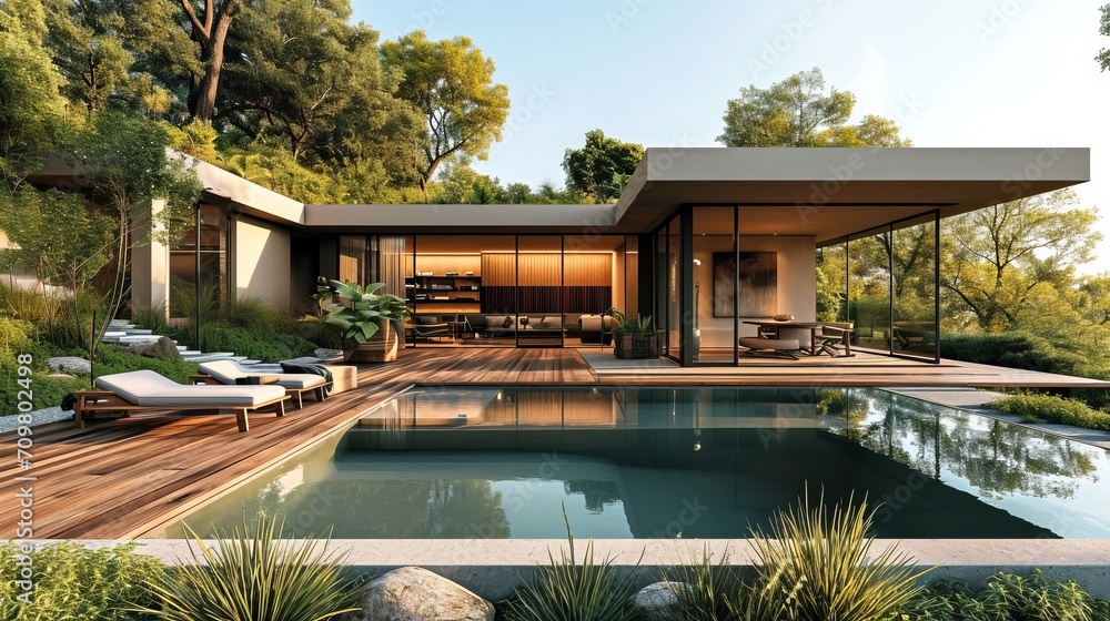 Modern house on hill, in forest with pond, water pool, garage, cozy wood terrace, in the style of white walls and glass, sunny afternoon, Bird's eye, full, view, agave espadin  - obrazy, fototapety, plakaty 