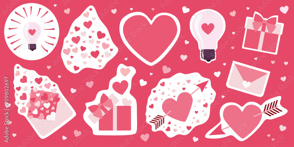 Valentines day Sticker pack Set. Vector Flat style Romantic Collection. Design Art for cards, posters, banners. Heart with Arrow, Gift box, Love letter, Envelope. February Romantic Celebration element Valentines day Sticker pack Set. Vector Flat style Romantic Collection. Design Art for cards, posters, banners. Heart with Arrow, Gift box, Love letter, Envelope. February Romantic Celebration element